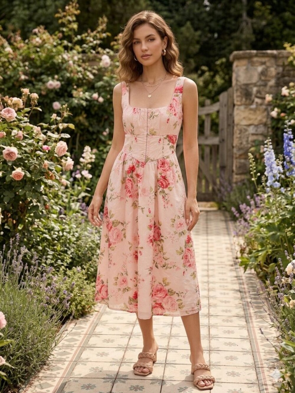 Floral Pink Midi Dress with Square Neck